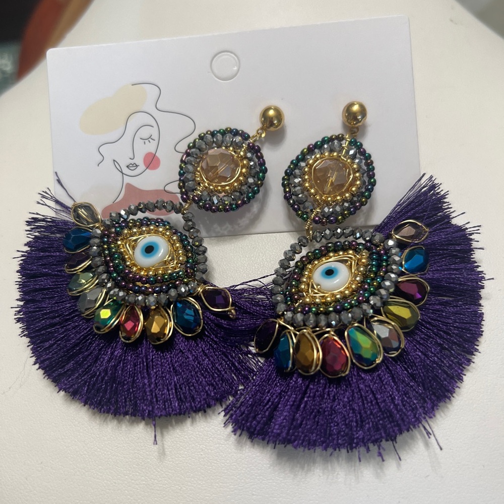 Purple Beaded Eye Earrings